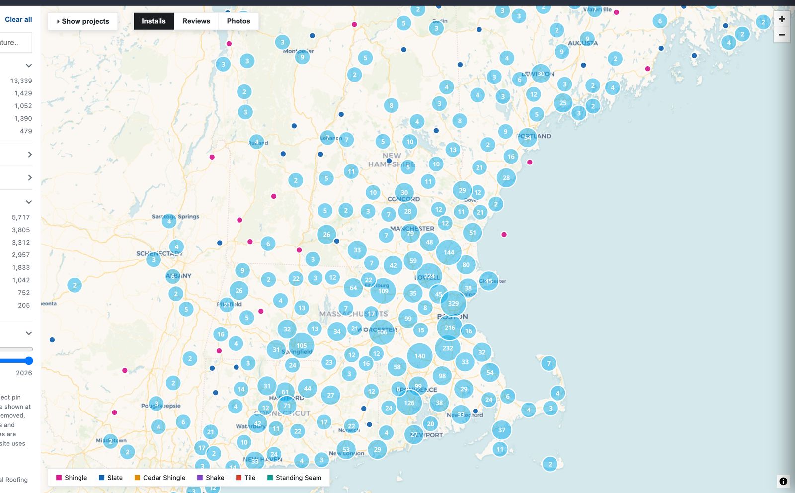 Interlock project map of New England — installs clustered by town